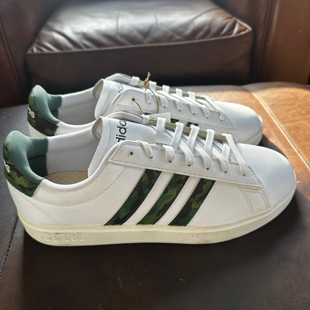 adidas White Sneakers with Green Camo Stripes